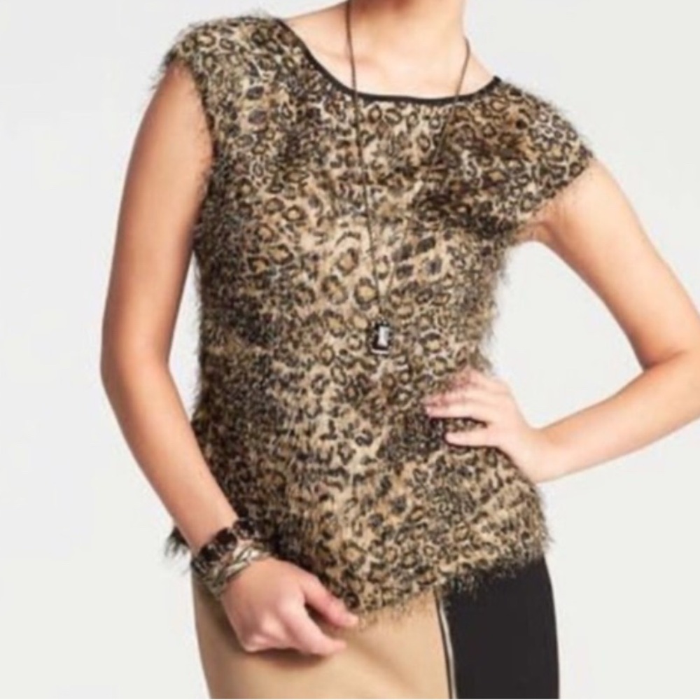 Ann Taylor,  Women's Leopard Fuzzy Eyelash Fringe Cap Sleeve Top Blouse …